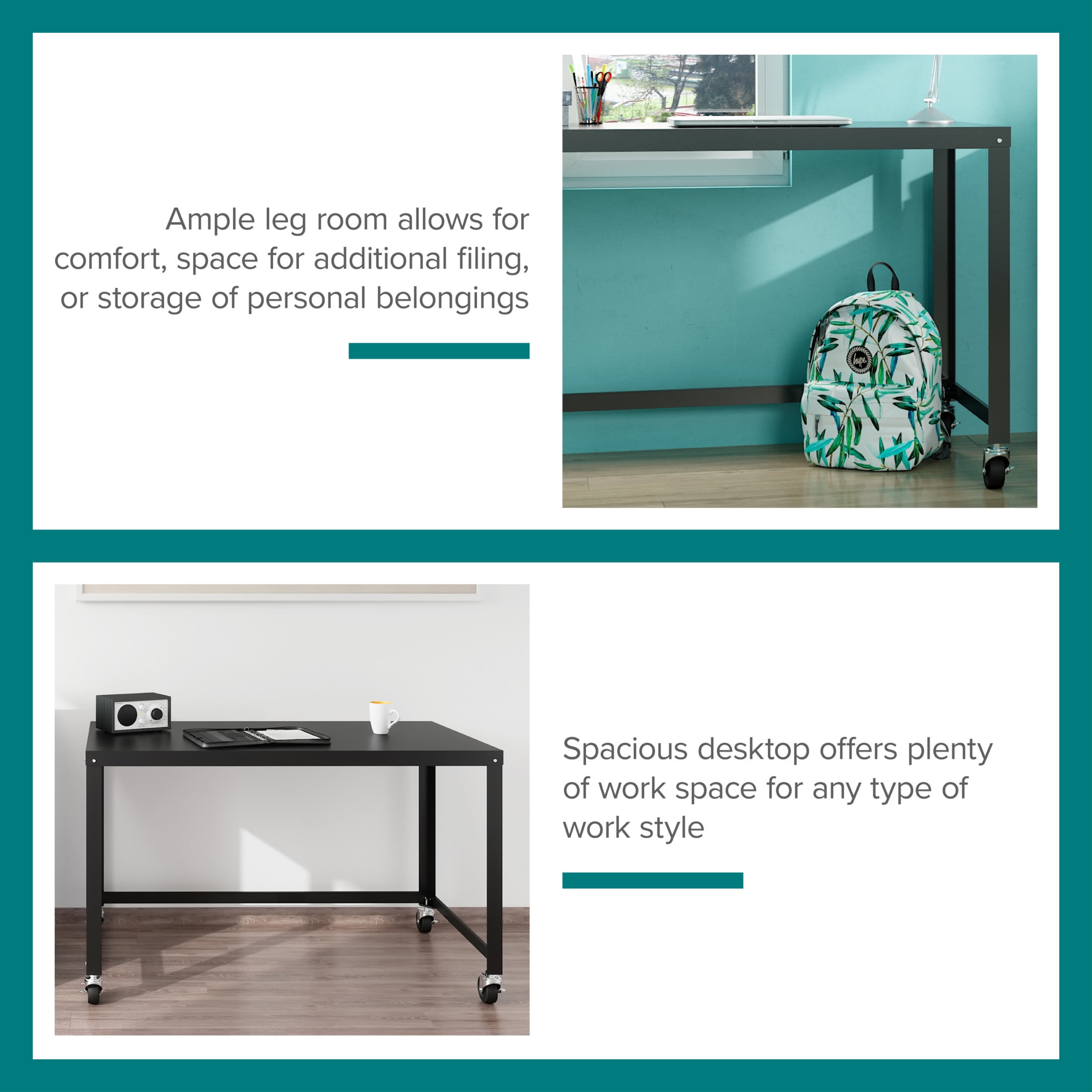 Hirsh Ready-to-Assemble 48-inch Wide Mobile Metal Desk for Home Office, Black