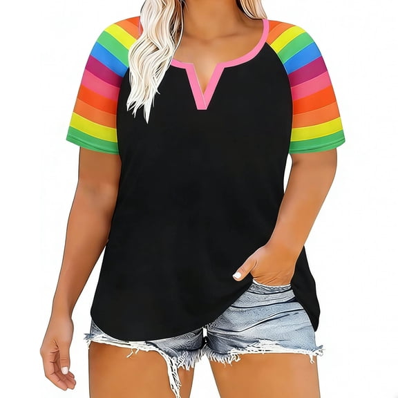 Plus Size Summer Tops for Women Floral Printed T-shirts Loose Fit Casual V Neck Blouse S-5XL Graphic Tees (XL, Red|Rainbow)