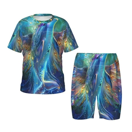 Luyuia Colorful Winged Dolphin Print Girls  2-Piece Tie-Dye Pajama Set  Cute Summer Loungewear with Shirt and Tank Shorts Nightwear-Large