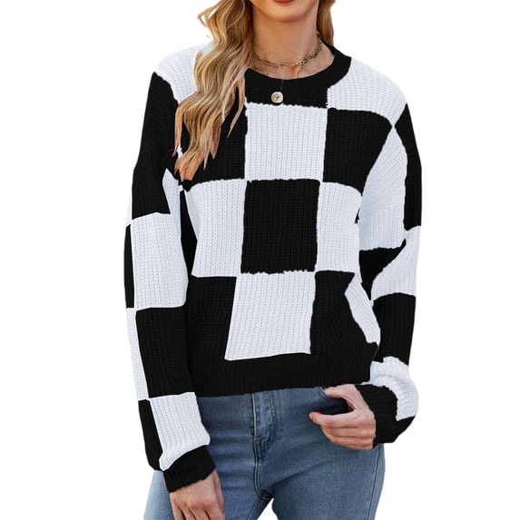 Liacowi Women Juniors Knitted Sweater Long Sleeve Plaid Contrast Color Pullover Retro Jumpers Tops Fall Loose Knitwear for Teen
