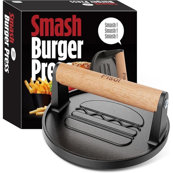 Smash Burr Press, Pre-Seasoned Cast Iron Hamburr Smasher, 2 lb Heavy-Duty Grill Bacon Meat Press Tool with Wood Handle, 6.6”