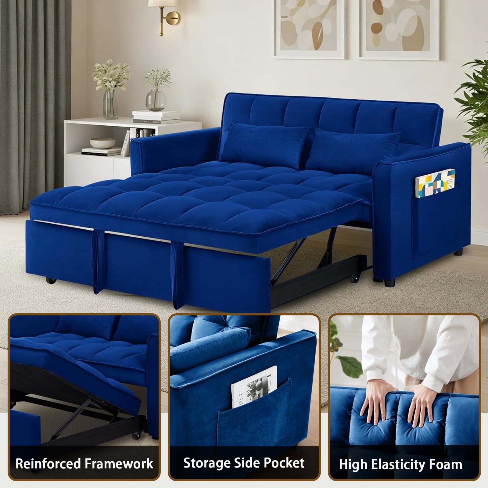 EPOWP 3 in 1 Folding Convertible Sofa Bed,55'' Pull Out Couch Bed with Side Pocket,Velvet Fabric Loveseat Sleeper Sofa with Adjustable Backrest,Easy Assembly,Perfect for Living Room,Blue
