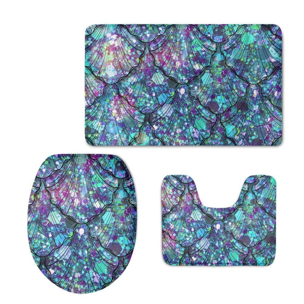 PUDMAD Mermaid Tails and Scales in Glitter 3 Piece Bathroom Rugs Set Bath Rug Contour Mat and Toilet Lid Cover