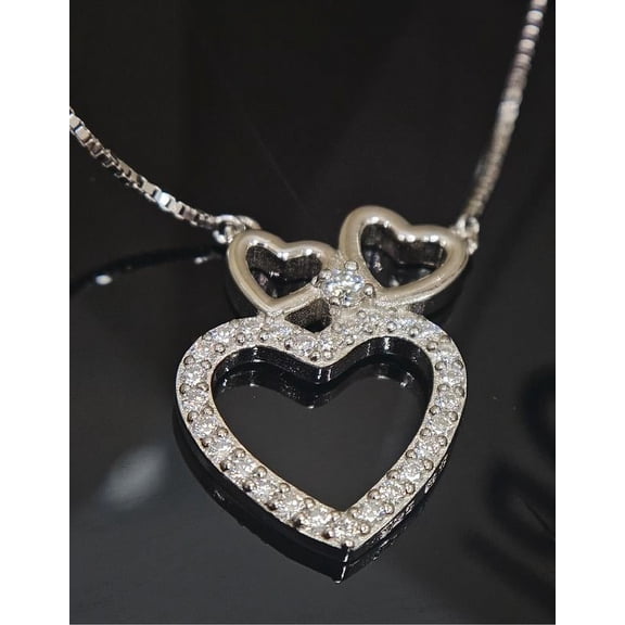 Pori Jewelers Silver 925 0.384ct, Clarity VVS1 Color D, Pave Heartx3 Shapped Moissanite 2.5MM Pendant station / Box Chain Necklace - Simulated Diamond Gift for Woman