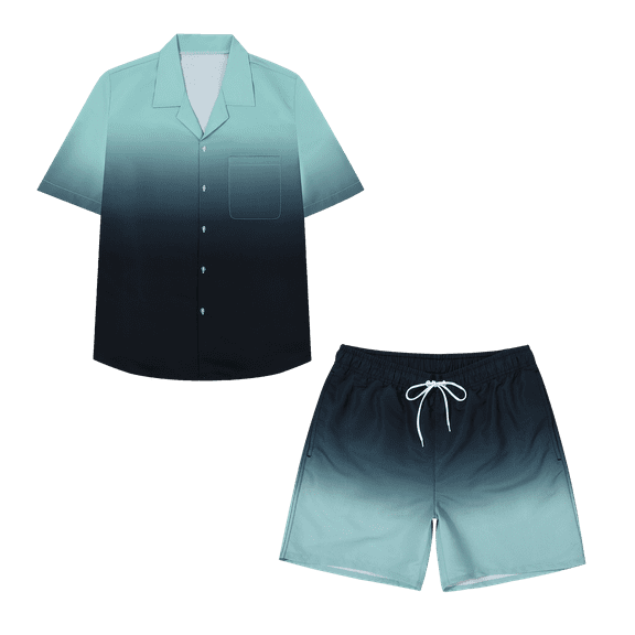 MADHERO Men's Hawaiian Suits Funny Ombre Print Summer Beach Short Sleeve and Shorts Outfits Black Green Size M