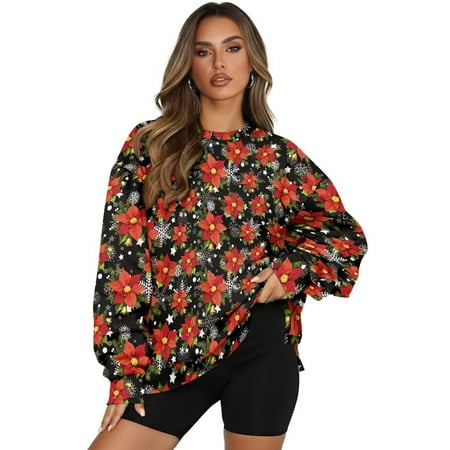 SCRAWLGOD Christmas Poinsettia Stars Black Womens Casual Sweatshirts Long Sleeve Round Neck Sweatshirt Tops with Pocket Fashion Oversized Comfy Clothing for Daily Wear M