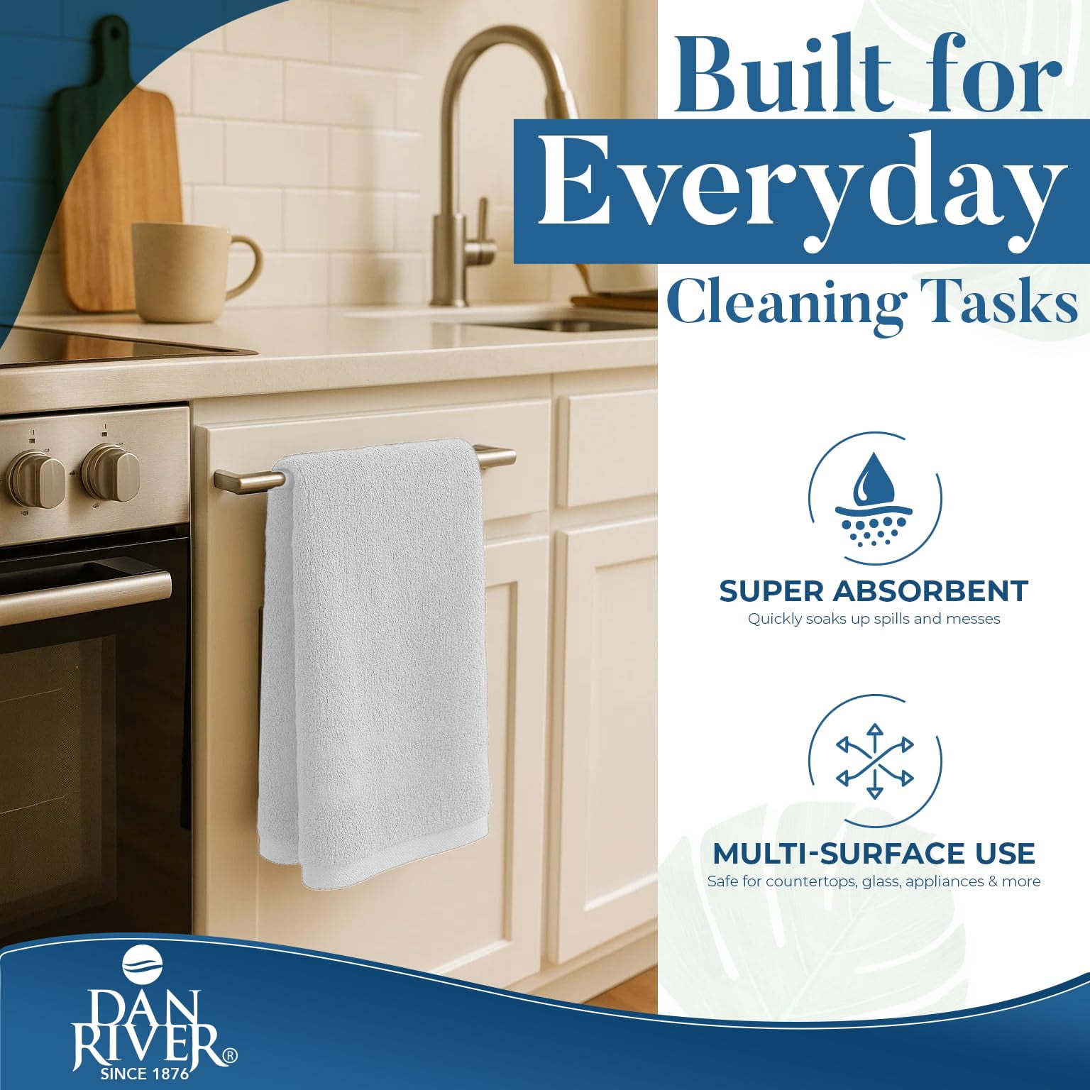 Dan River Bar Mop Cotton Kitchen Towel pack of 12 Super Absorbent And Reusable Cleaning Cloth - White, 16x19in