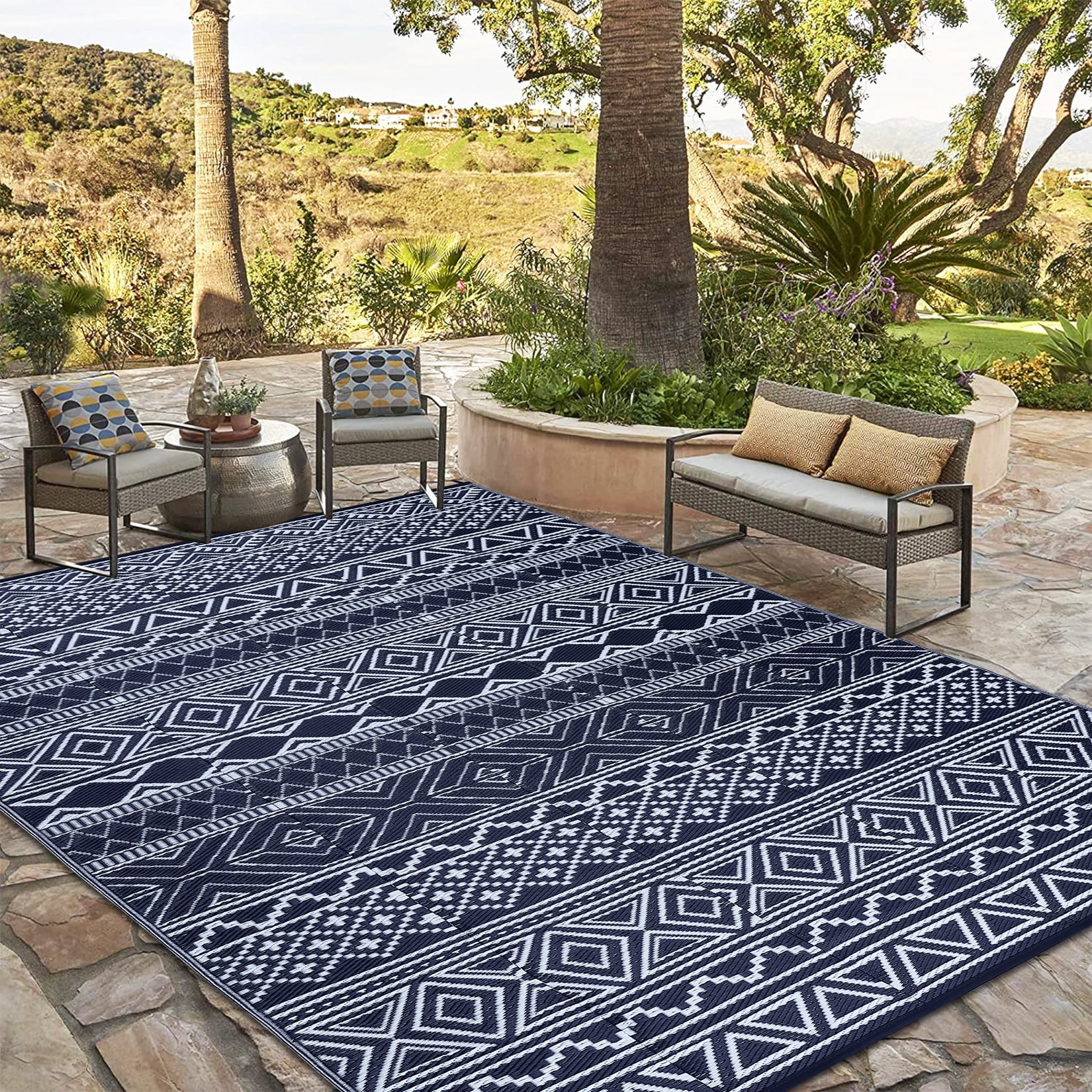 Waterproof Outdoor Rug Modern Patio Plastic Straw, Stain-Resistant Reversible RV Mat, Geometric Indoor Outdoor Carpet for Patio Camping Backyard Deck Garden
