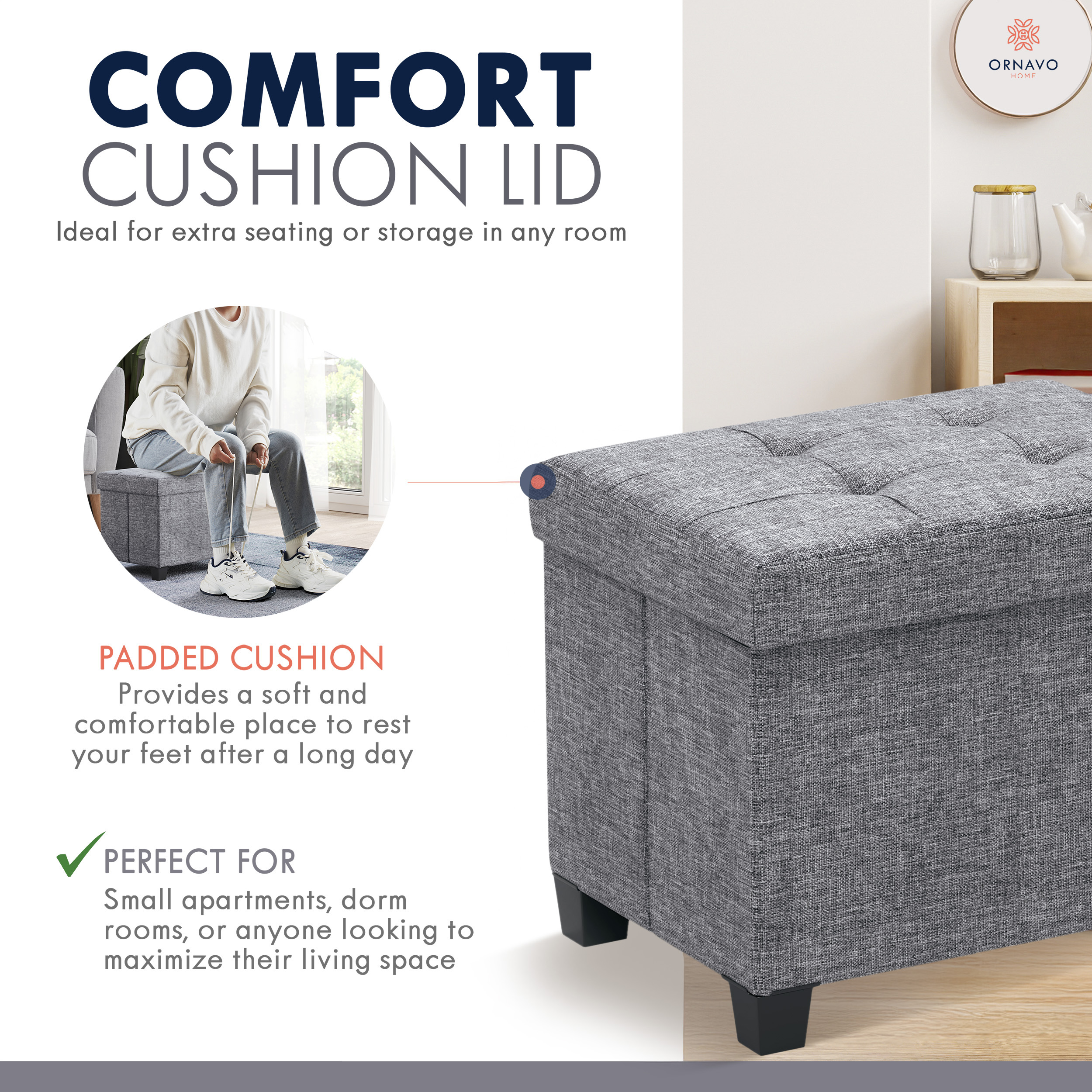Ornavo Home Small Storage Ottoman with Legs, Gray Linen photo 2