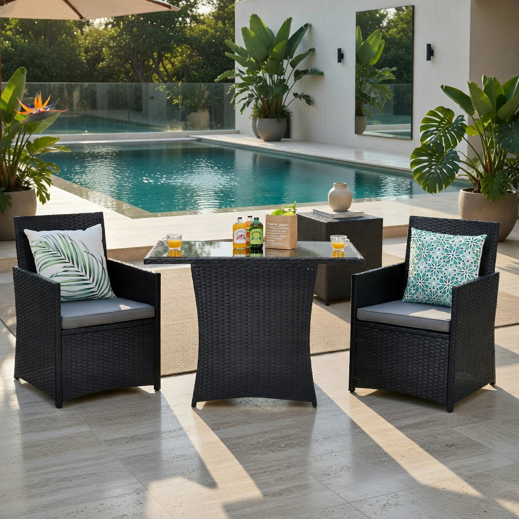 Hommoo 3-Piece Weather-Resistant PE Rattan Patio Furniture Set, Steel Frame, Tempered Glass Table & Ergonomic Armchairs with Removable Cushions, Gray