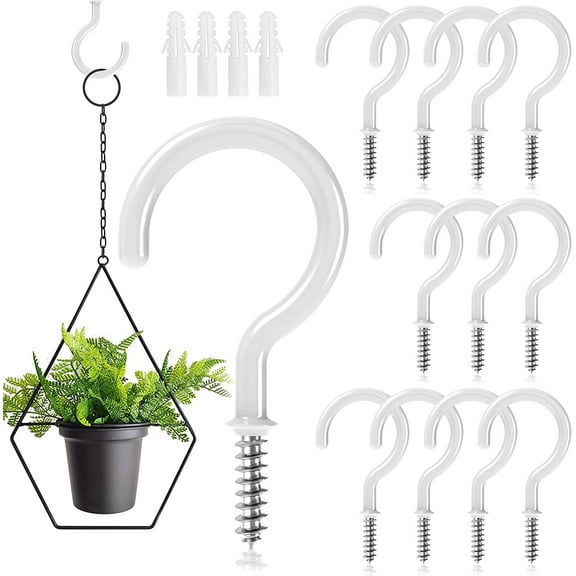 Ceiling Hooks Pack of 12 for Hanging Plants & Lights with Screw Plugs - 2.9" Vinyl Coated Ceiling Hooks Heavy Duty - White Screw Hooks for Hanging Cups