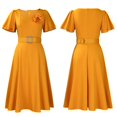 thumbnail image 2 of Women's Boat Neck Puff Cap Sleeve Ruched A-Line Ruffle Midi Dress Skater Dresses, 2 of 8
