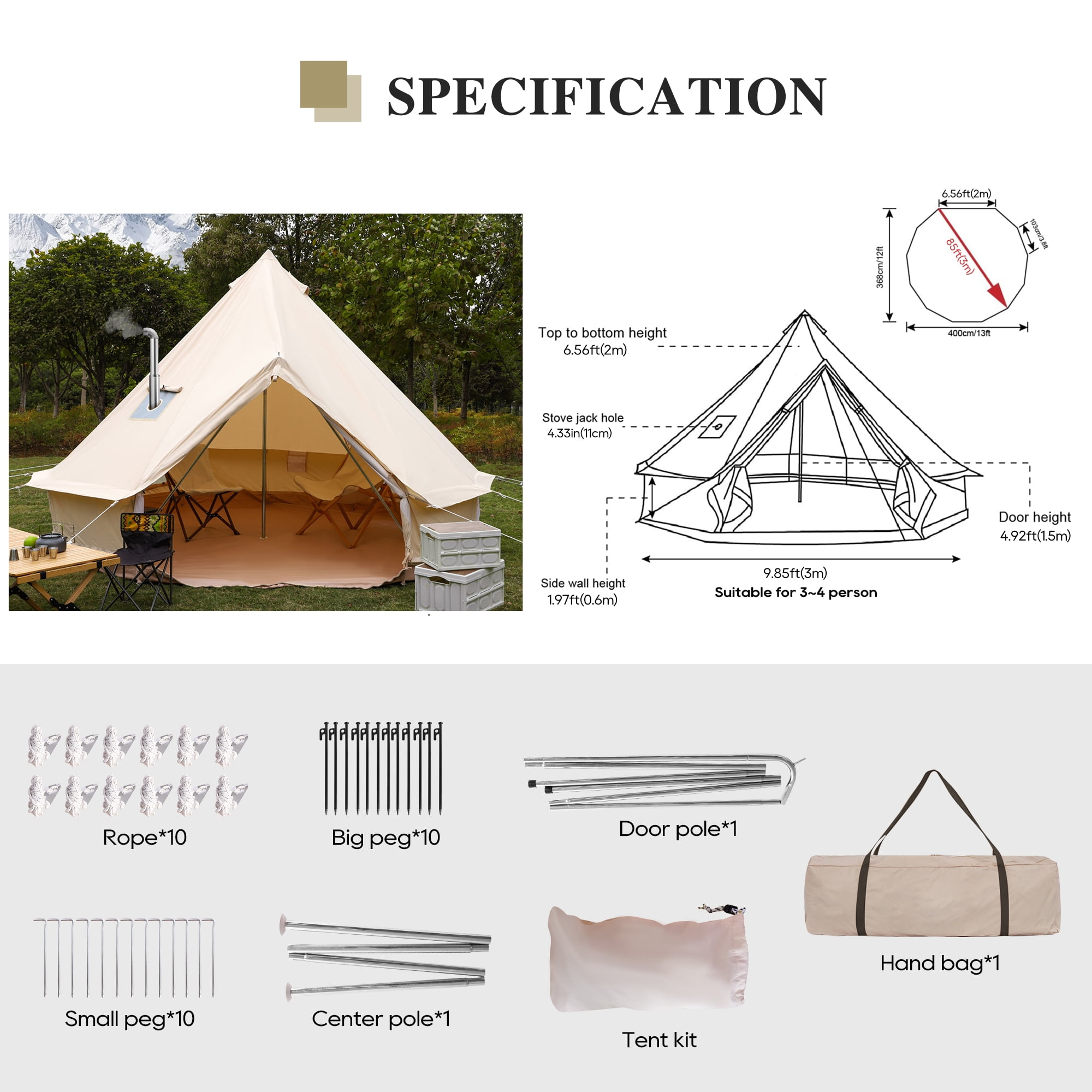 Bell Tent for Camping, Cotton Canvas Bell Tent with Stove Jack, Outdoor Canvas Bell Tent for Family Glamping Camping, 4 Season Tent with Zipped Removable Floor，3M，Khaki