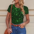 thumbnail image 4 of KLL Women 's Crew Neck Bodysuit Jumpsuits Green Sparkling Print Short onesies Stretch T Shirts, 4 of 5
