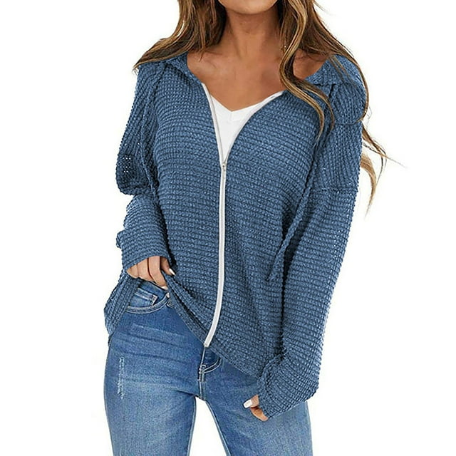 Baberdicy Cardigan Sweater Ladies Drawstring Hooded Solid Color Zipper Long Sleeve Cardigan Women's Cardigans Blue