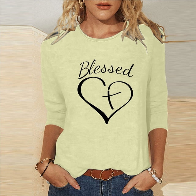 Meichang Hauts pour Femmes Manches 3/4 T-Shirts de la Saint-Valentin Cœur Graphique T-Shirts Coupe Ample Col Rond Hauts de Printemps T-Shirts Décontractés de Vacances