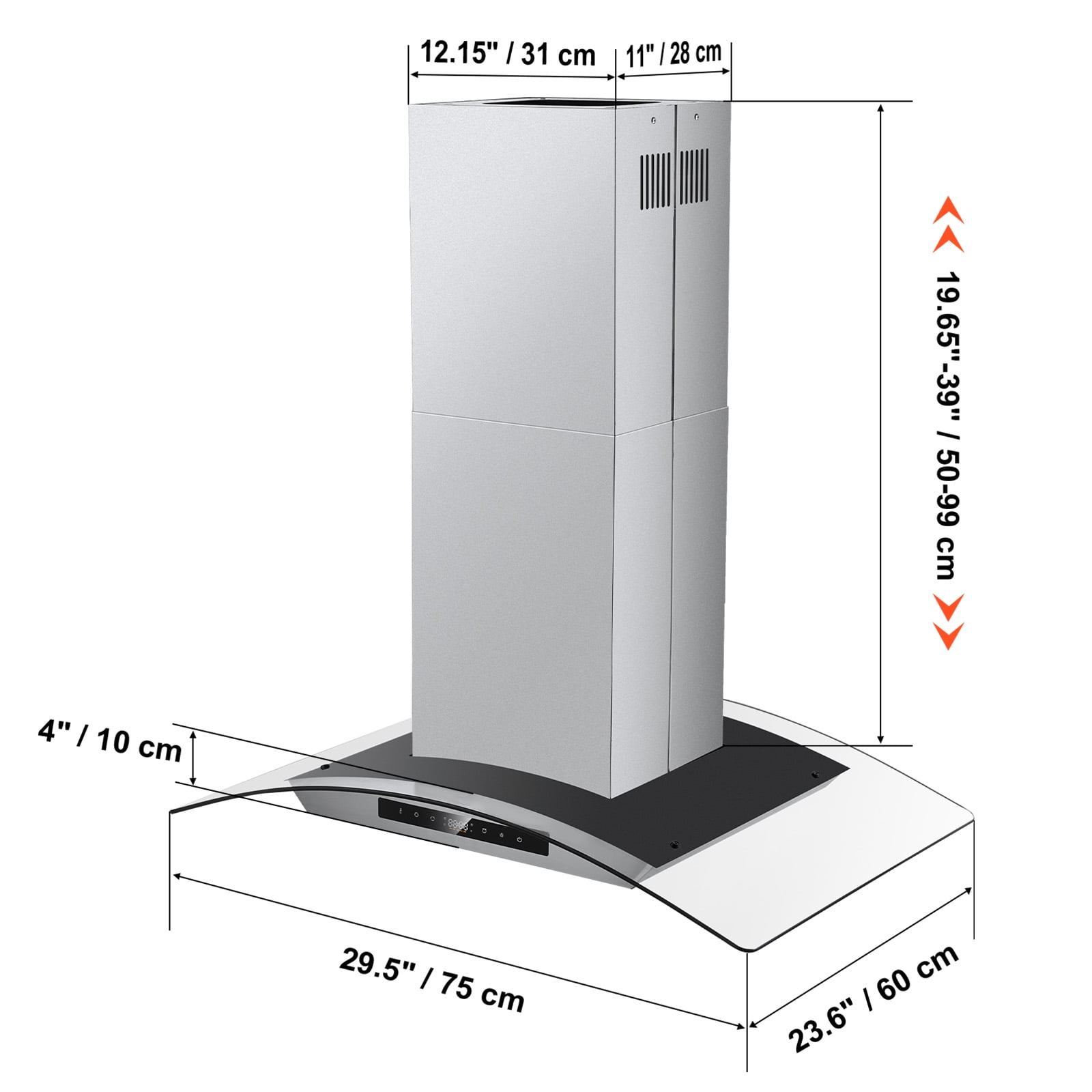 KFFKFF Chimney‑Style Ceiling Mount Range Hood Kitchen Vent, Stainless Steel 30‑Inch