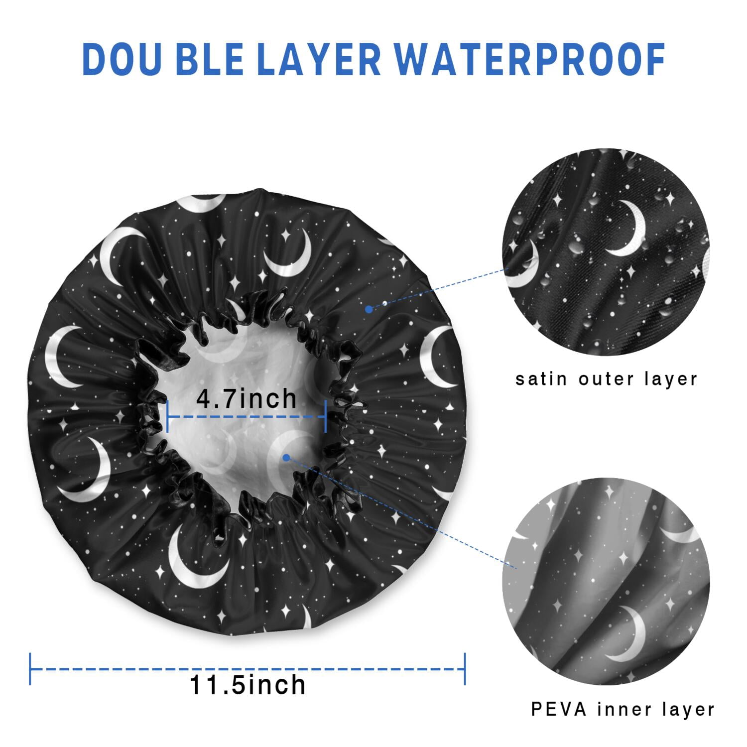 Shower Caps,Black Moon Star Pattern Waterproof Shower Cap for Women 4 Pieces,Double Reusable Hair Cover for Shower PEVA Elastic Stretch Hem