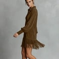 thumbnail image 4 of AUNVITO Women's Deep V Neck Long Sleeve Dress with Fringe Detail Vintage Loose Fit Solid Color Maxi Dress, 4 of 9