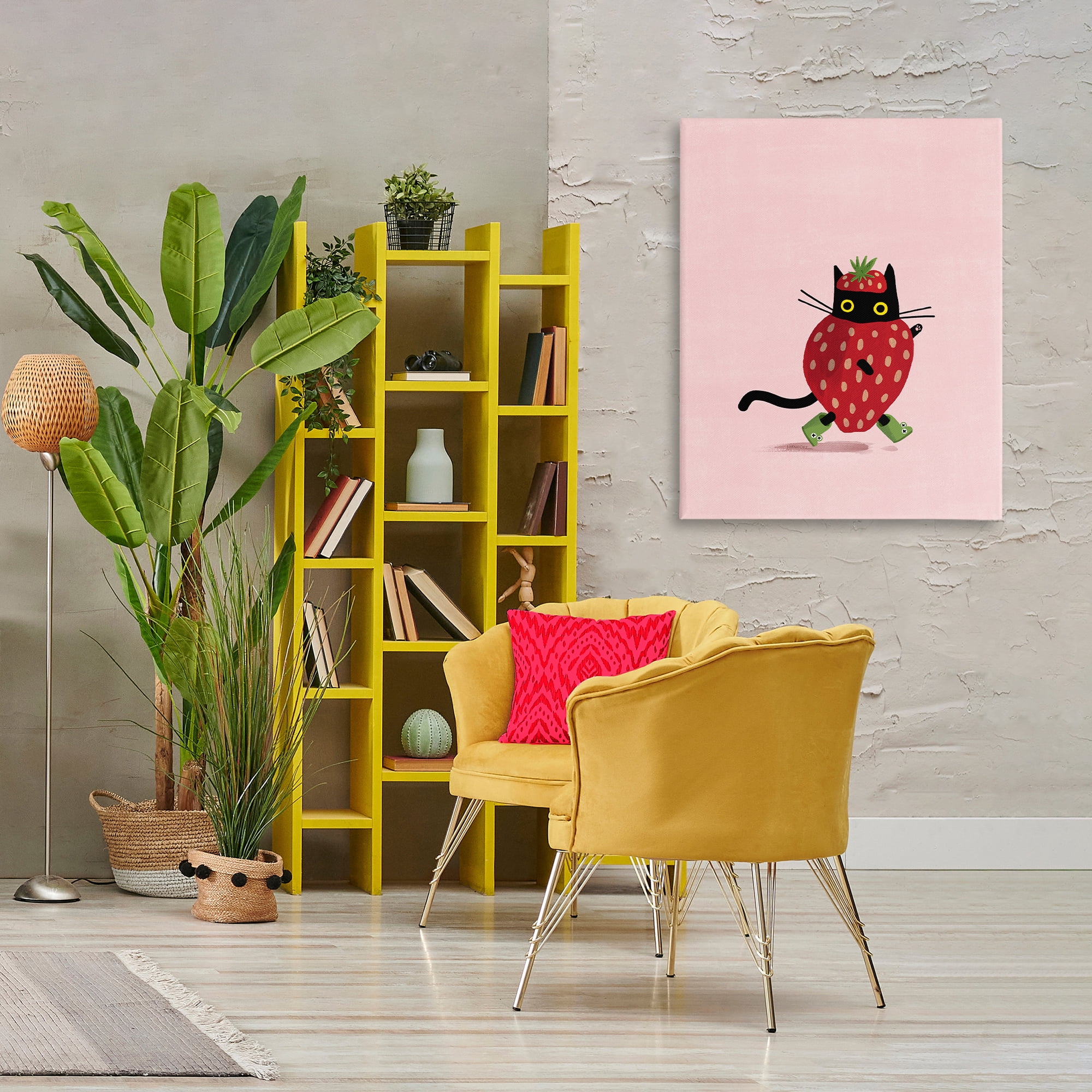 Stupell Industries Strawberry Cat on Pink Animals Painting Wrapped Canvas Art Print Wall Art, 30 x 40