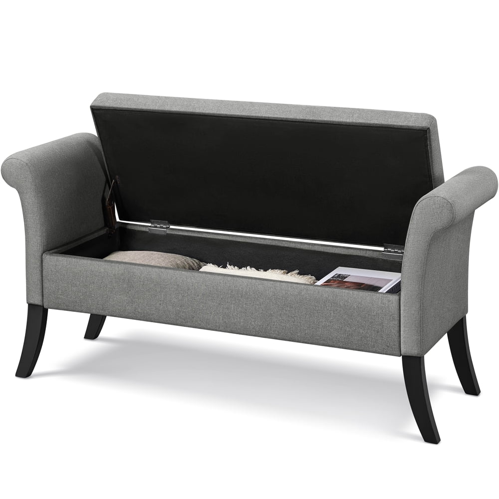 Alden Design Button Tufted Ottoman Storage Bench with Rolled Arms, Light Gray Fabric