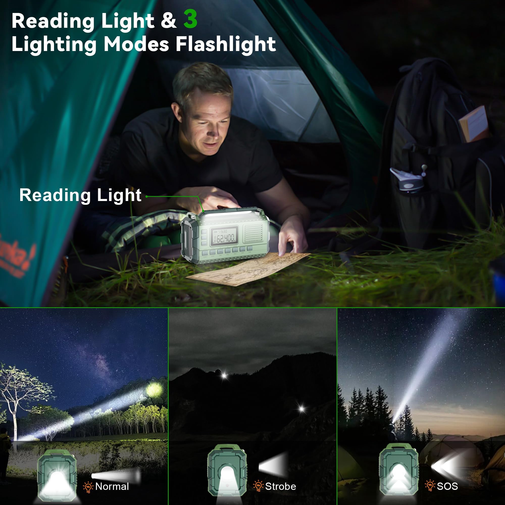 Emergency Weather Radio - Am/fm/noaa Hand Crank With 15w Fast Charge  40000mah Portable Solar Power Multi-function Flashlight & Sos Alarm For Outdoor Indoor Emergencies (green)