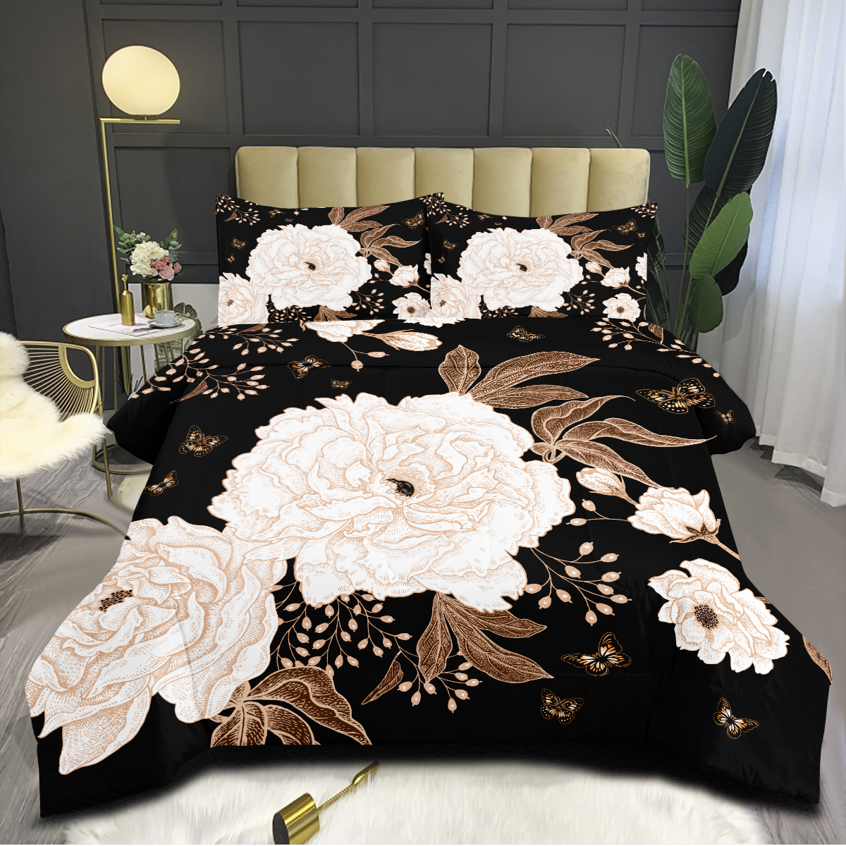 3 Pieces White Peony Comforter Set, 3d Floral White Flowers Leaves 