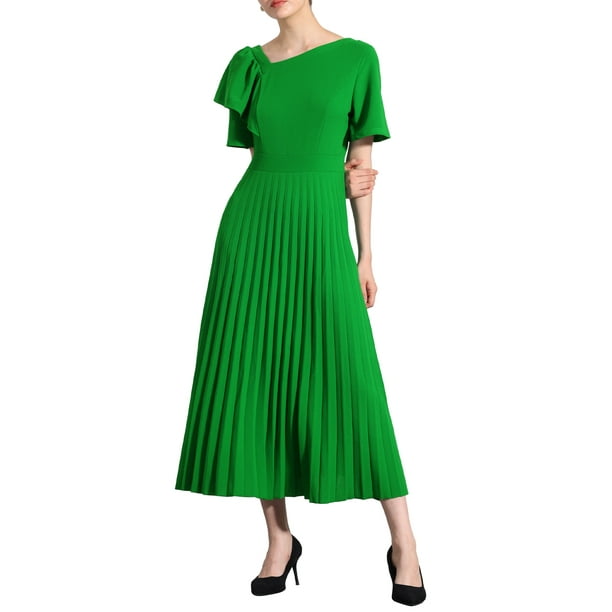 Vestido de verano midi para mujer con cuello asimétrico y dobladillo plisado, mangas cortas con volantes, color verde