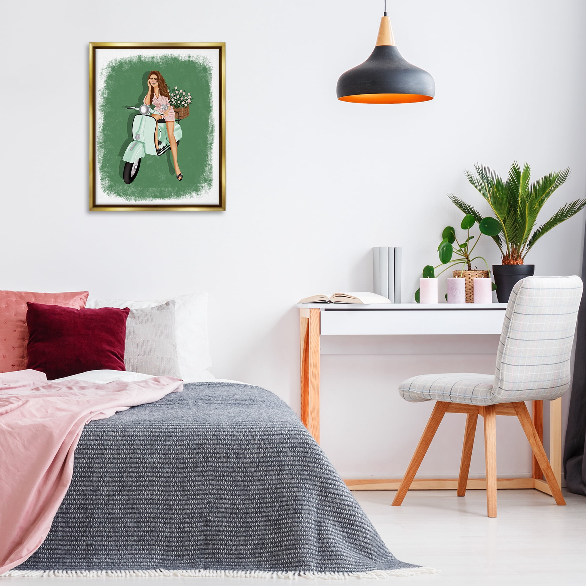 Stupell Industries Laughing Girl on Scooter People Painting Gold Floater Framed Canvas Art Print Wall Art, 25 x 31