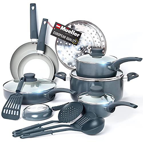Mueller Pots and Pans Set Non-Stick, 16-Piece Healthy Stone Cookware Set  Butter Warmer, Aluminum Body, Deep Fry, Fry Pan, Sauce Pan, Pot, Stainless  