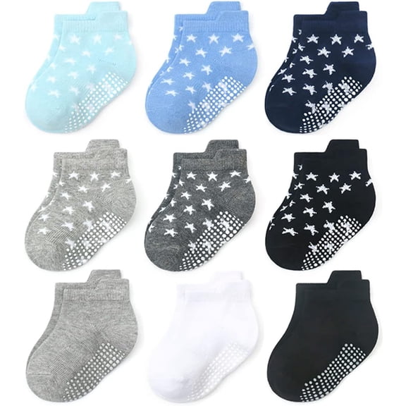 Minzimin 9Pairs Baby Boys Girls Non Slip Socks,Infant Toddler Kids Grip Ankle Stretch Socks for Kids 0-5 Years