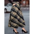 thumbnail image 3 of Women High Elastic Waist Maxi Skirt A-Line Plaid Flare Long Skirt Khaki S, 3 of 5
