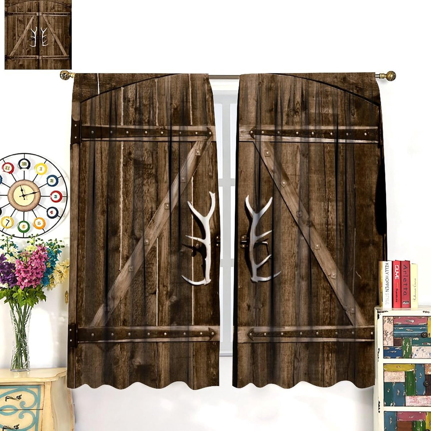 Rustic Curtains Brown Western Farmhouse Antler Door Pattern Blackout Print Rod Pocket Window Drapes for Bedroom Living Room 42x63in