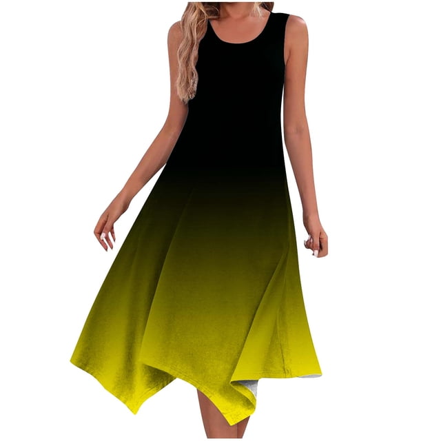 KIHOUT Robes d'Été pour Femmes 2024, Robe d'Été Décontractée pour Dames Sans Manches, Ourlet en Pointe, Robe Maxi Débardeur, Robe de Plage avec Poches Jaune m