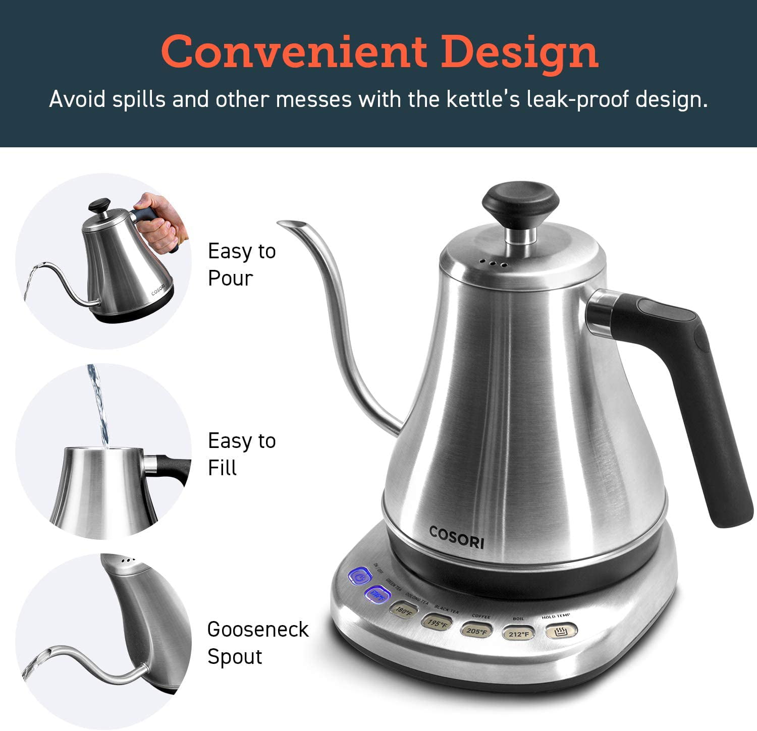COSORI Pour Over Coffee Maker with Double-layer Stainless Steel Filter,34  Ounce & Electric Kettle with Upgraded Stainless Steel Filter and Inner Lid