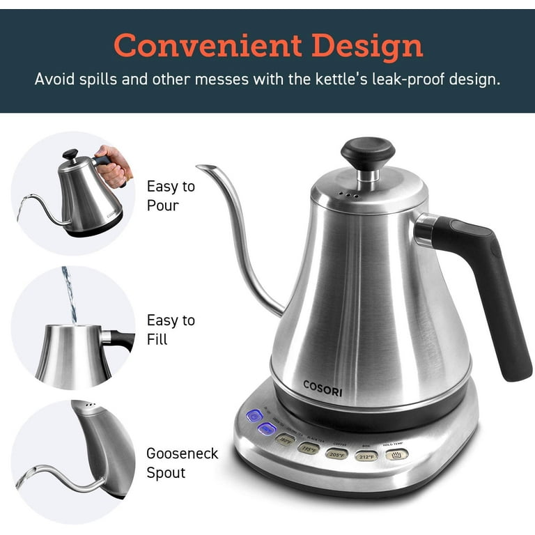 COSORI Electric Gooseneck Kettle with 5 Variable Presets, Pour Over Kettle  & Coffee Kettle, 100% Stainless Steel Inner Lid & Bottom, 1200 Watt Quick