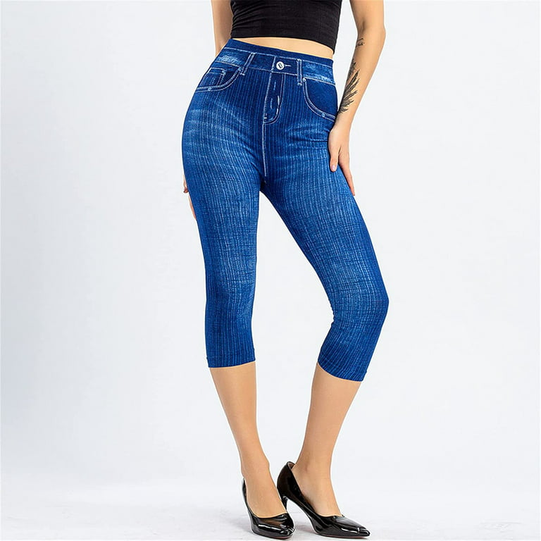 Plus Size Leggings for Women High Waist Slim Denim Legging with Pockets  Stretch Jeans Blue M 