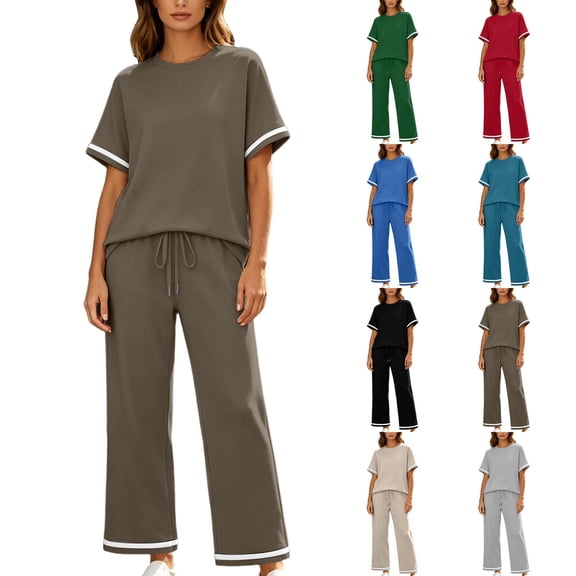 Sheghy Womens Pajama Sets 100%Cotton Women Summer Loose Casual Short Sleeve Tee & Wide Leg Pants Solid Sports 2 Piece Outfit
