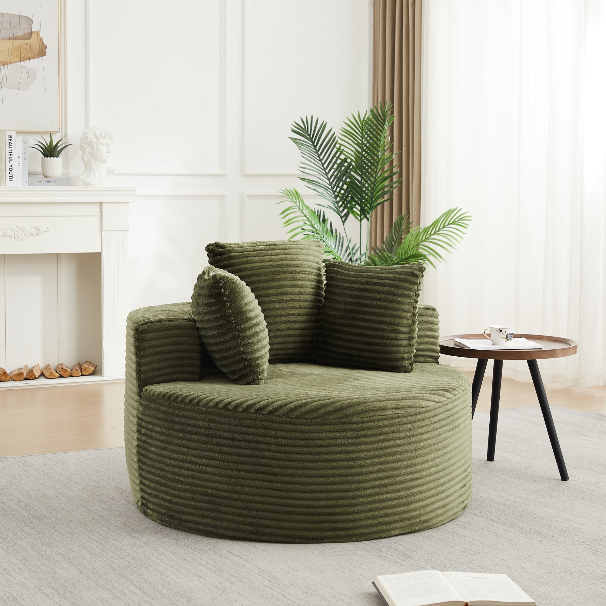 Leumius Corduroy Lounge Chair,Deep Seat Single Sofa with Pillow, Round Chaise Longue Chair for Living Room,No Assembly Required,Green