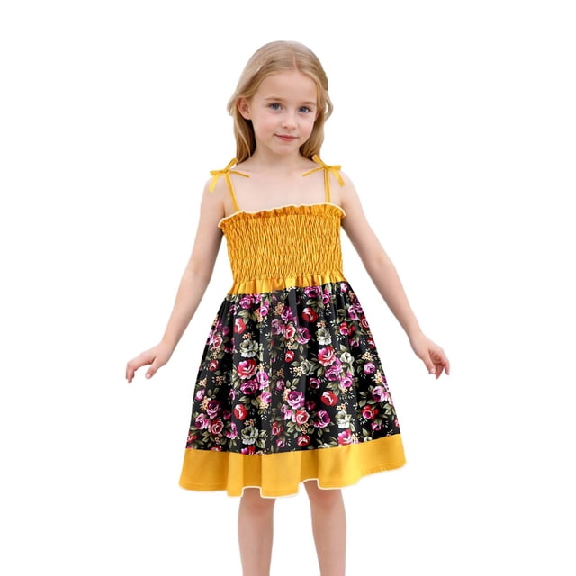 Robes pour Filles Bébé Tout-Petits Filles Été Imprimé Floral Robe à Bretelles Légère Décontractée avec Attaches Réglables pour Plage Robe Ado Fille Jaune 5 Ans-6 Ans
