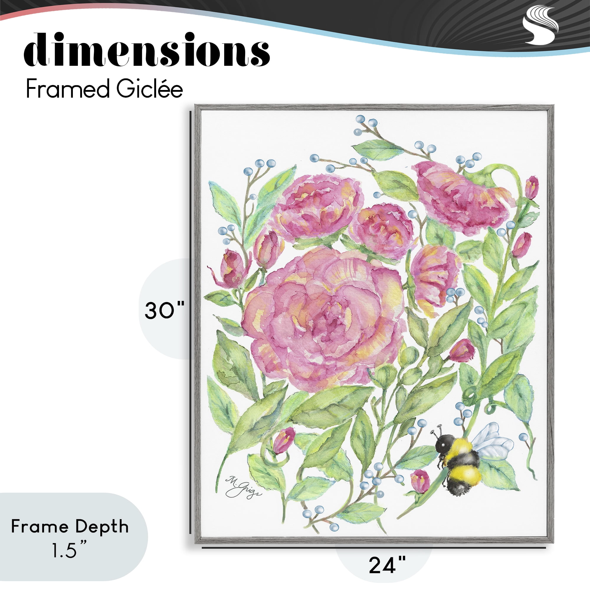 Stupell Industries Peony & Bumble Bee Gray Framed Giclee Art, design by Maureen Grigs