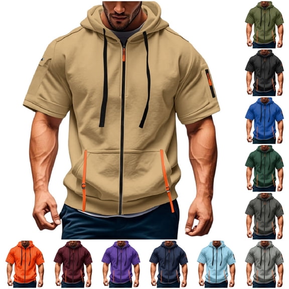 Zip Up Hoodie for Men Casual Short Sleeve Hoodies Lightweight Jacket Summer Workout Gym Muscle Shirts with Pocket Khaki XXXL