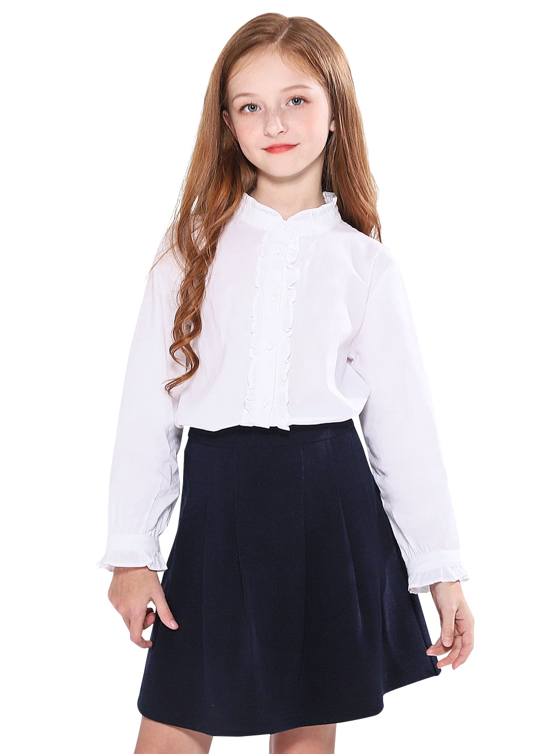 SOLOCOTE Girls White Blouse Ruffle Long Sleeve Button Down Shirts Princess Cotton Loose Soft Tops Spring and Summer 3-14Y 