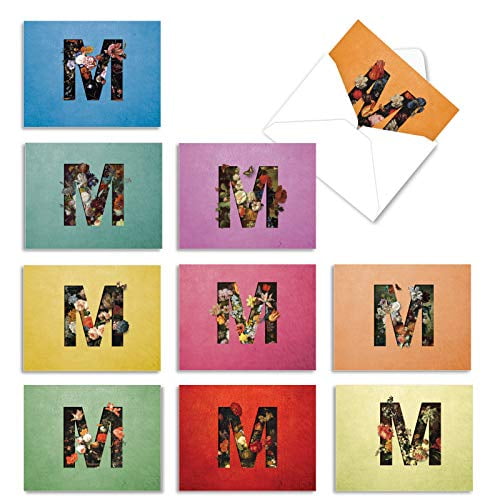 The Best Card Company - 10 Beautiful Flower Note Cards Blank (4 x 5.12 Inch) - Colorful Floral Letters, Assorted All Occasion Cards - Baroque Blooms M