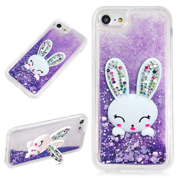 LCHDA for iPhone 5 5S SE Liquid Glitter Case with Cute 3D Cartoon Bunny Ears Sparkle Quicksand Floating Luxury Bling Rabbit Kickstand Crystal Silicone Bumper Protective Cover for Girls Women - Purple