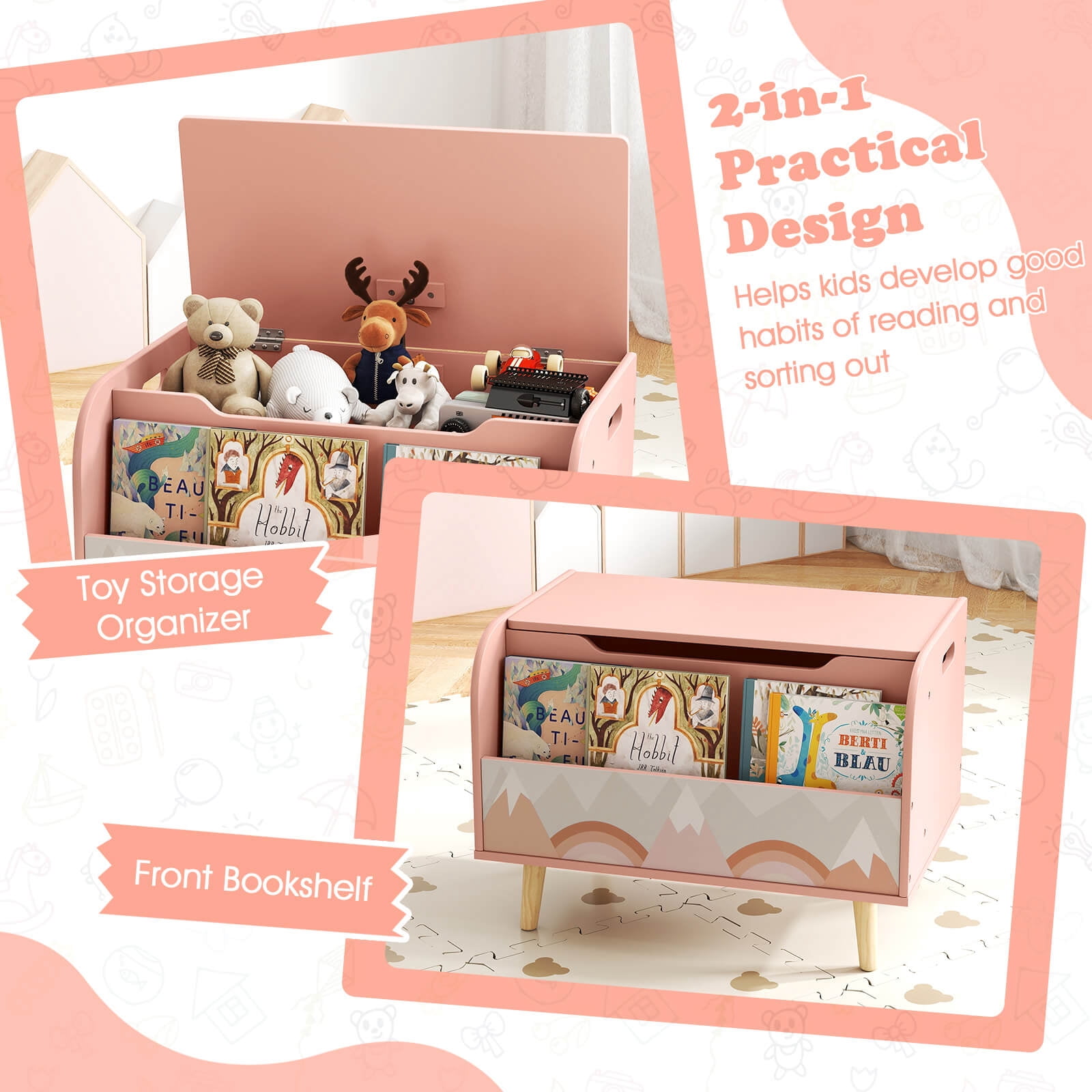 Costway Kids Wooden Toy Box with Front Bookshelf 4 Solid Wood Legs Flip-top Lid for Nursery Pink