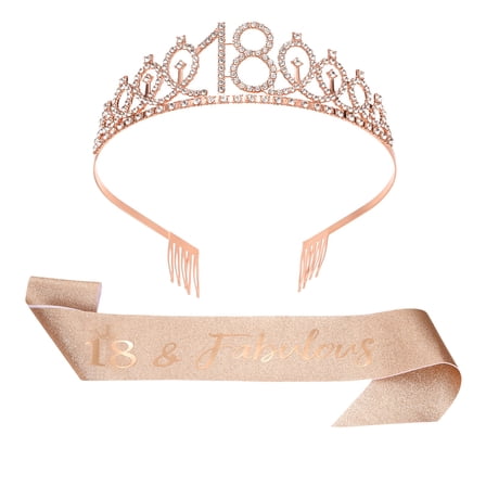 Uxcell Birthday Crown and Sash, 18th Birthday Sash for Women Rhinestone Tiara for Party Favor Decorations Gifts, Rose Gold