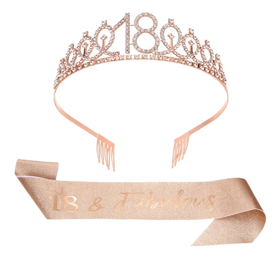 Uxcell Birthday Crown and Sash, 18th Birthday Sash for Women Rhinestone Tiara for Party Favor Decorations Gifts, Rose Gold