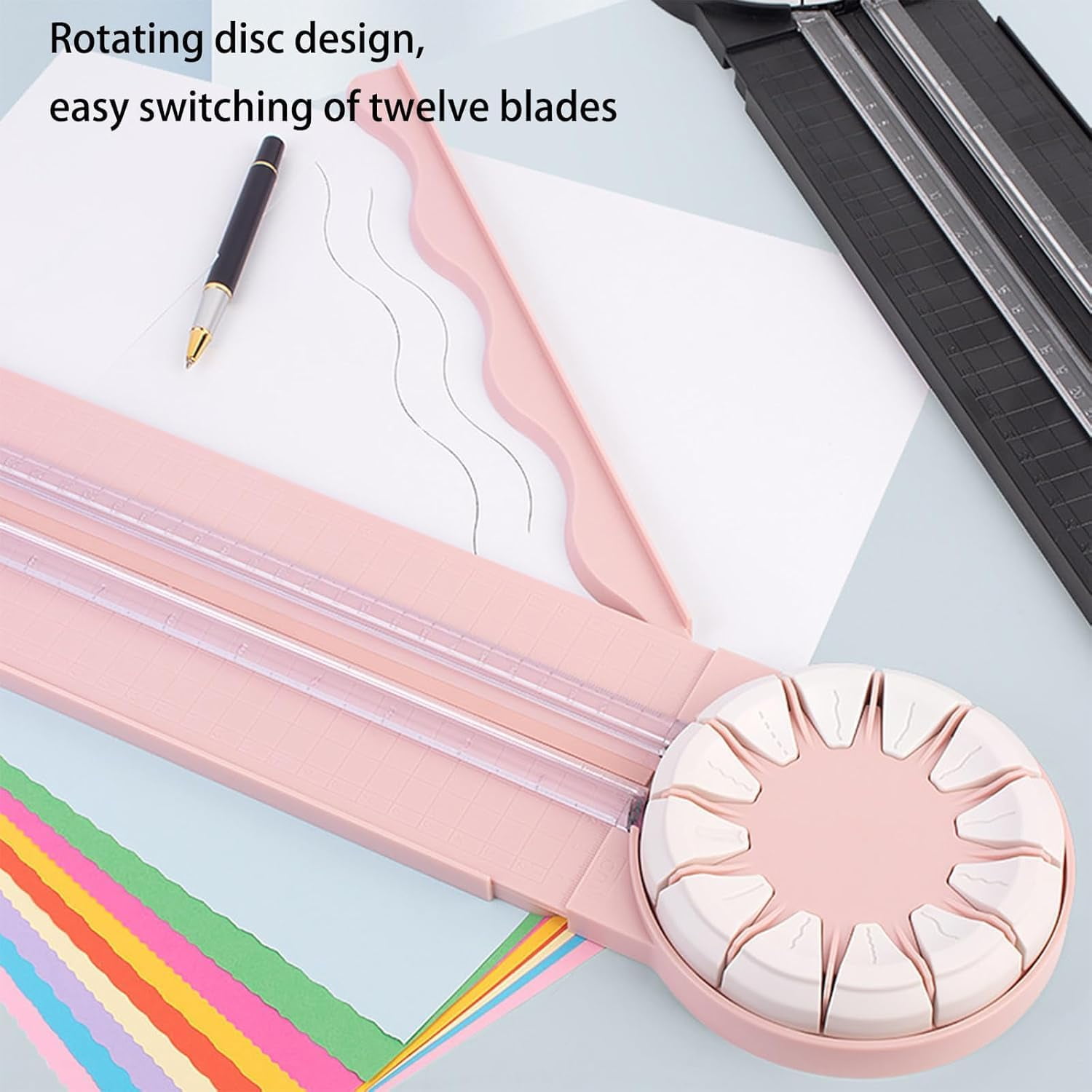 ABPETE Paper Craft Edge Cutter, 12 in 1 Paper Cutter, Rolling Paper Cutter with 12 Cutting Types, Multifunctional Paper Cutter Machine with Measurements for Scrapbooking (Pink)