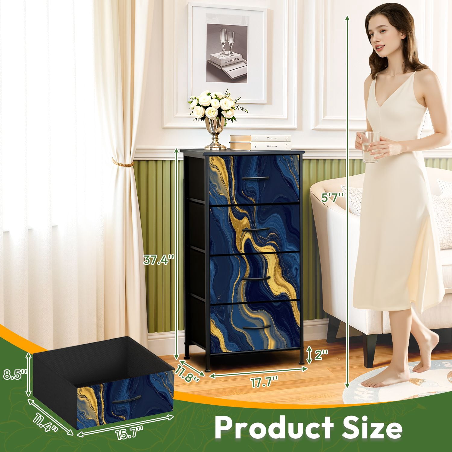 Kanworse 4 Drawer Fabric Dresser for Bedroom luxury Blue marble gold abstract texture Chests of Drawers for Closet Organizers Storage